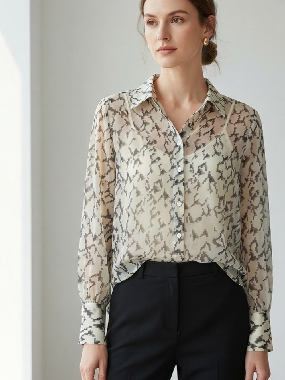 Mittoshop Pixelated Houndstooth Chiffon Button-Down Blouse Large